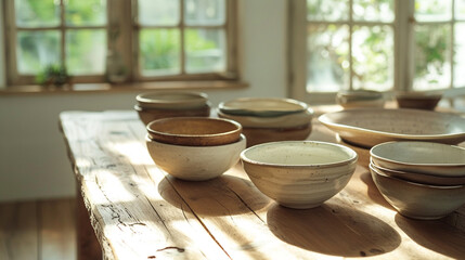 Fototapeta na wymiar A collection of artisanal ceramic bowls and plates arranged on a farmhouse-style dining table, with soft natural light spilling in from a nearby window. Promotion background.