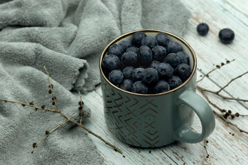 Blueberry in a mug on a wooden background. Blueberries, kitchen towel and tree branches with buds...