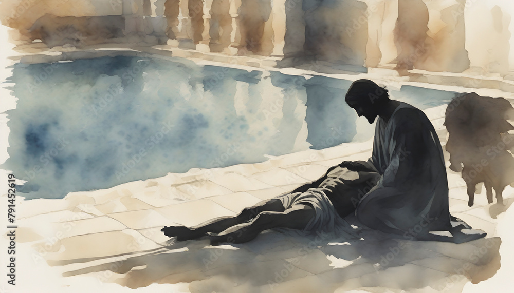 Wall mural watercolor painting of jesus christ healing the man at the pool.