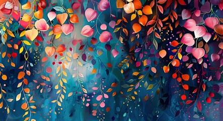 Elegant colorful with vibrant  flower hanging branches illustration background. Bright color 3d abstraction wallpaper for interior mural art, Generative AI