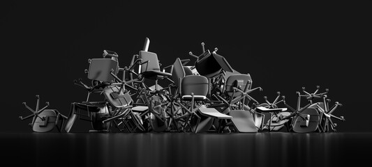 Pile of office chairs on black background, unemployment