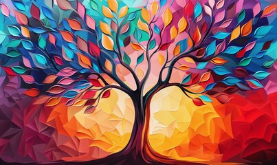 Elegant colorful tree with vibrant leaves hanging branches. Bright color 3d abstraction wallpaper for interior mural painting wall, Generative AI