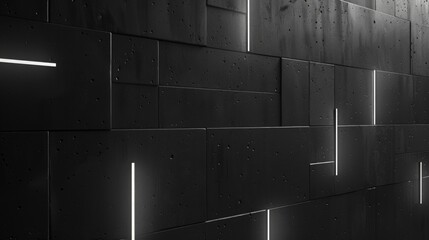 Texture Background Business. Dark Concrete Wall with White Light Strips. Geometric Tech Wallpaper with Illuminated Futuristic Blocks