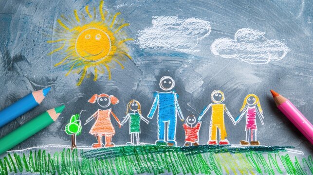 Child Drawing. Wax Crayon Stick Figure Family with Children, Mother, Father Abstract Sketch