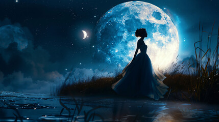 Elegant woman over big moon background