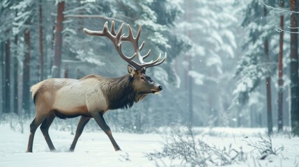 Woods Snow. Wild Elk Walking in Winter Forest of Norway Snowy Meadow