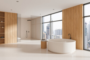 Fototapeta na wymiar Luxury hotel bathroom interior with tub and shower, panoramic window
