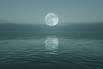 Stillness of a moonlit lake, with the full moon casting a soft glow on the water's surface.