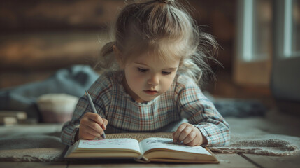 Little child reading a book, front view of a girl studying