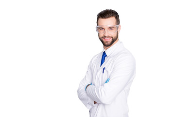 Portrait with copy space, empty place of joyful half-turned scientist with stubble in white outfit...