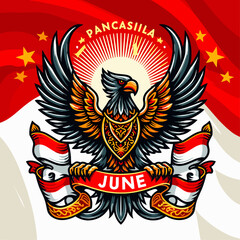 Happy Pancasila Day 1 June Indonesia with Symbol Bird Garuda Island and Flag Vector Background