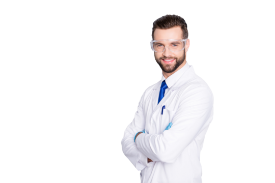 Portrait with copy space, empty place of joyful half-turned scientist with stubble in white outfit with tie having his arms crossed looking at camera isolated on grey background
