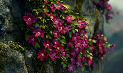 many plants are blooming, many enchanting big red clematis, Generative AI 