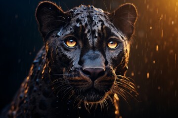 Detailed close-up portrait of black panther with macro lens in soft morning light