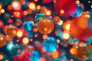 Vibrant 3D spheres with glowing bokeh lights