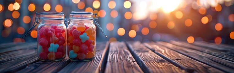 Two jars filled with colorful candy are placed on top of a wooden table - Powered by Adobe