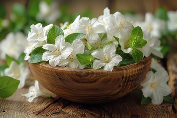 Fototapeta premium A wooden bowl full of freshly picked jasmine flowers, showcasing nature's simplicity and beauty