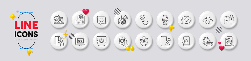 Favorite chat, Report and Photo thumbnail line icons. White buttons 3d icons. Pack of Phone payment, Cloud sync, Lock icon. Smile face, Contactless payment, Security app pictogram. Vector