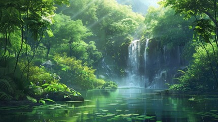Obraz premium A lush, green forest with a hidden waterfall cascading into a tranquil pool.