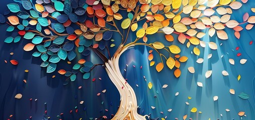 Colorful tree with leaves on hanging branches of blue, white and golden illustration background. 3d abstraction wallpaper for interior mural wall art. floral tree with multicolor leaves, Generative AI