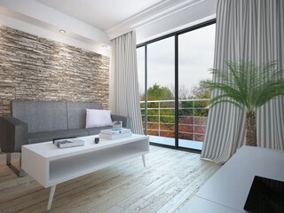 Mały przytulny podłużny pokój salon z ozdobną kamienną ścianą sofą i zasłonami w paski