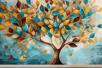 A vibrant 3D mural wallpaper featuring a colorful tree with turquoise, blue, and brown leaves against a drawn background with golden objects. Generative AI