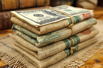 A stack of US dollar bills neatly bundled and placed on rustic burlap sacks