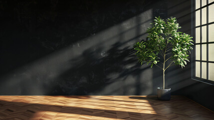 Empty room interior with black wall decorative tree 
