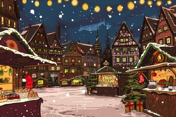  Cartoon cute doodles of a city square transformed into a Christmas market at night, with stalls selling holiday decorations, mulled wine, and festive treats, Generative AI - obrazy, fototapety, plakaty