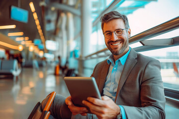 Airport Terminal Flight Wait: Smiling Businessman Uses Digital Tablet Computer for e-Business,...