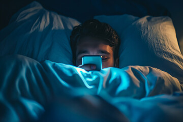 Anonymous Man Uses Smartphone in Bed at Home at Night. Handsome Guy Browsing Social Media, Reading News, Doing Online Shopping Late at Night. Focus on Hand Holding Mobile Phone Covering Face