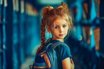 Back to school concept photo. One lonely child with a big backpack on his back, going to school.