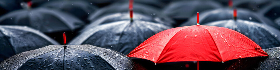 Red Umbrella Standing Out Among Black Umbrellas in Rain - obrazy, fototapety, plakaty