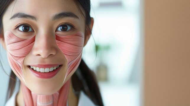 A Woman Smiling With A Half Of Her Face Showing Internal Muscles Anatomy.