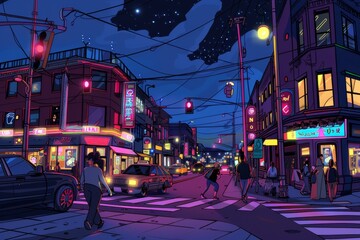 Cartoon cute doodles of a c, with pedestrians crossing the road, cars passing by, and neon signs glowing in the darkness, Generative AI 