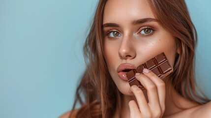 A close-up of a woman holding a chocolate bar in her mouth, ready to take a bite
