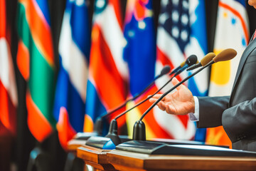 Close Up On Hands of Caucasian Male Organization Representative Speaking at Economic Conference. Head Of USA Delegation Delivering Speech at International Political Summit.
