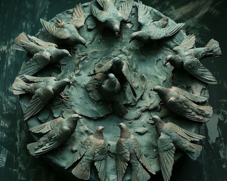 A clay sculpture of a group of pigeons on the fountain