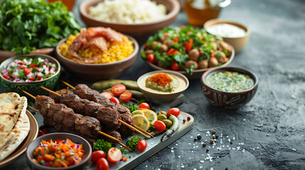Middle eastern or arabic dishes and assorted meze on concrete rustic background, Meat kebab,...