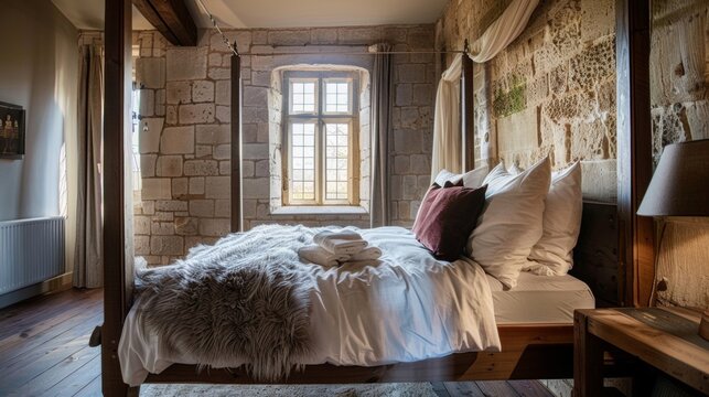 The striking contrast of modern comforts and medieval decor creates a unique sleep experience as guests snuggle up in a fourposter bed with views of the castles courtyard. 2d flat cartoon.