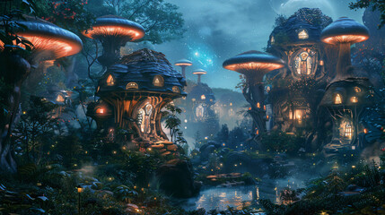 Enchanted mushroom houses in magical fantasy landscape