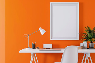 A burst of tangerine brightens a minimalist office setting, with a blank white frame on the wall...