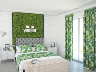Białe wnętrze sypialni z dekoracją roślinną oknem tarasowym z zasłoną i oświetleniem podtynkowym