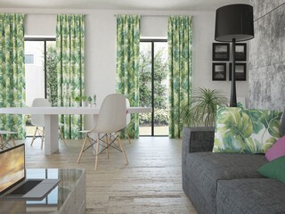 Nowoczesne  minimalistyczne wnętrze aranżacja salonu pokoju dziennego jadalni z oknami tarasowymi i zasłonami