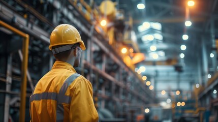 A man in a yellow safety suit is standing in a large industrial building