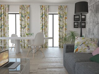 Nowoczesne  minimalistyczne wnętrze aranżacja salonu pokoju dziennego jadalni z oknami tarasowymi i zasłonami