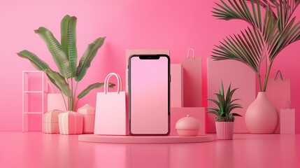 Mockup of blank screen mobile phone stands on the table surrounded by pink shopping bags.