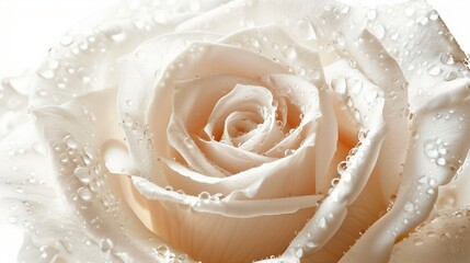 White rose with dew drops on petals,closeup,copy space, high key color grading with soft shadows.