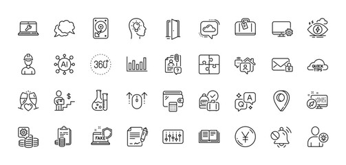 Web system, Puzzle and Search employee line icons pack. AI, Question and Answer, Map pin icons. Yen money, Open door, Chemistry lab web icon. Swipe up, Monitor settings, Column chart pictogram. Vector