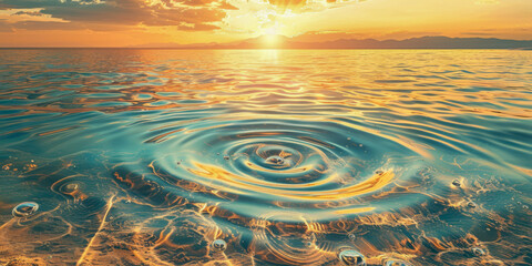 A large body of water with a sun in the sky